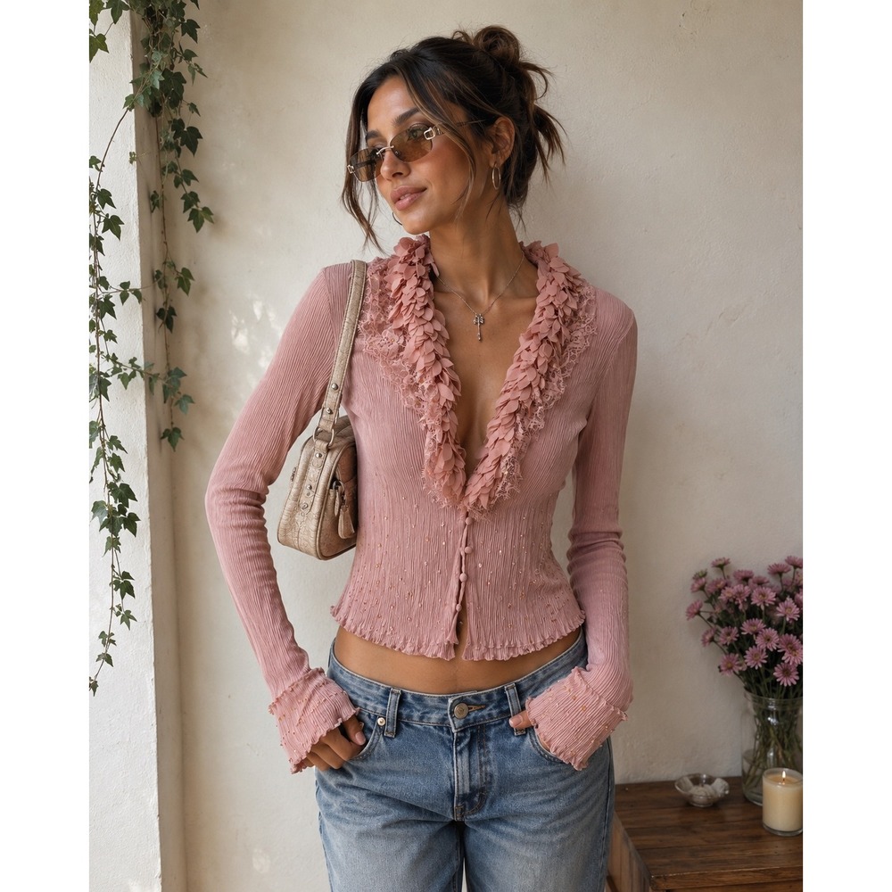 Y2K Alexandra Rosati Pink Pleated 3D Floral Lace Sequin Sequin Fairycore Top